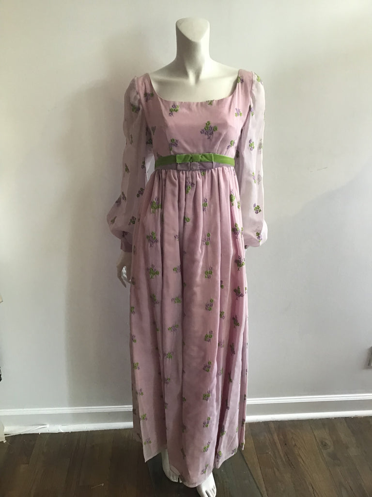 1970s Lavender Crepe with Embroidered Flowers Maxi Dress size 0-2