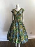 1950s Henry Morgan Green/Blue/white silk print full skirt  cocktail dress full skirt 