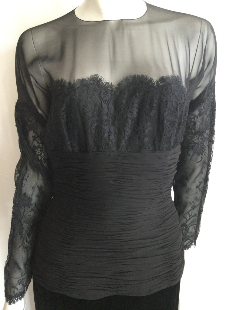 Oscar De La Rental Illusion top black silk chiffon ruched gown with chantilly lace 