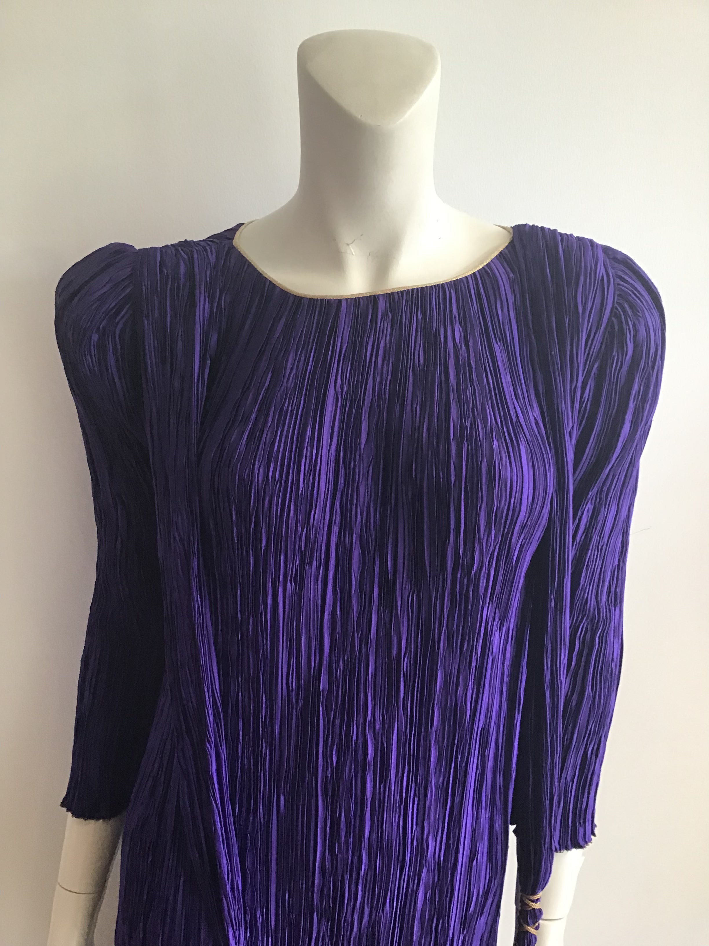 1980's Mary McFadden Couture Royal Purple Silk Pleated Gown with gold detailling -size 6