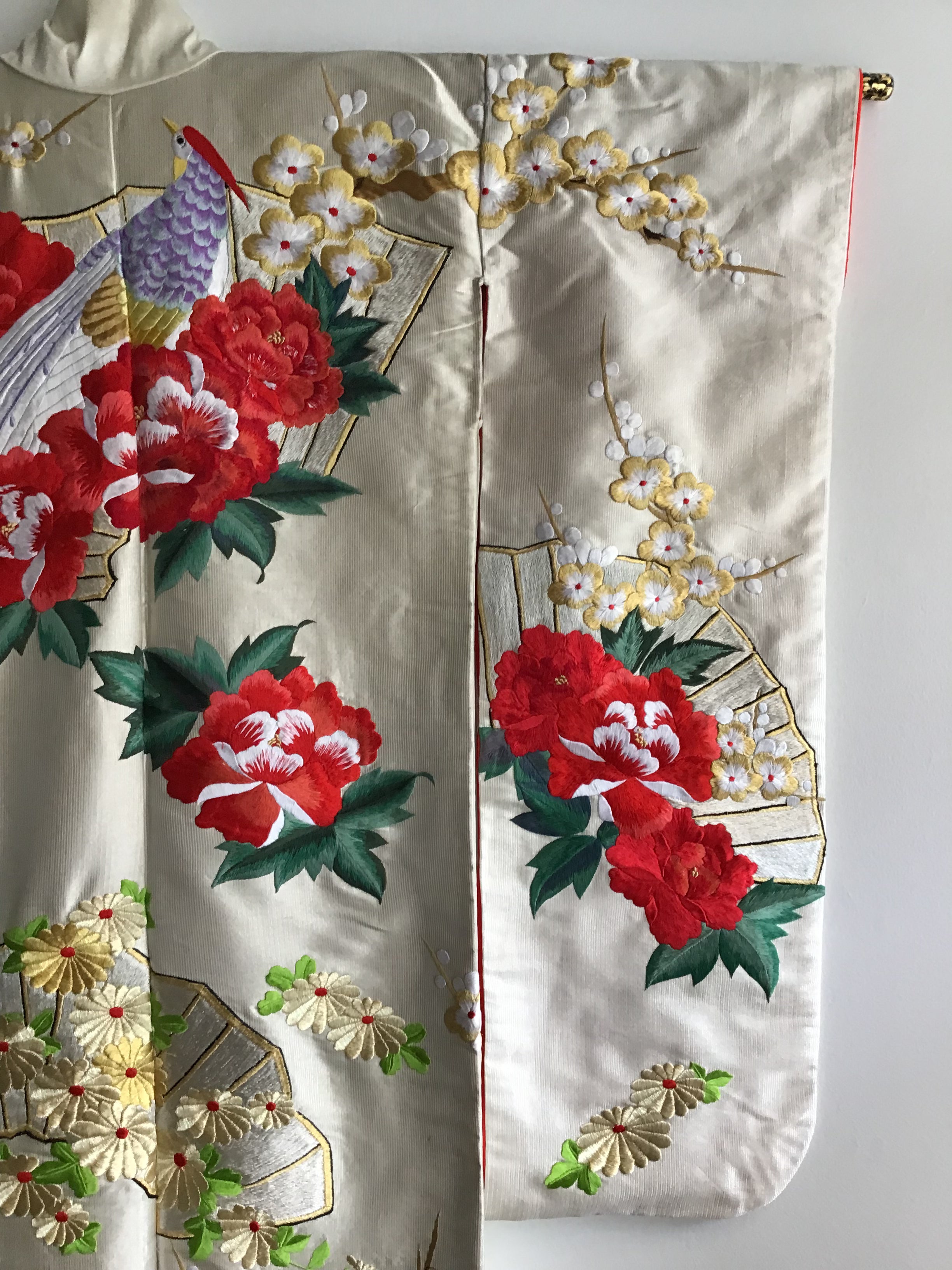 1960s Red Peonies,Birds Handembroidered Silk Kimono