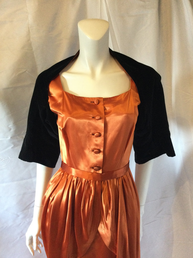 Mary Washburn 1940's Copper Satin Cocktail Dress with Bolero -size 4/5