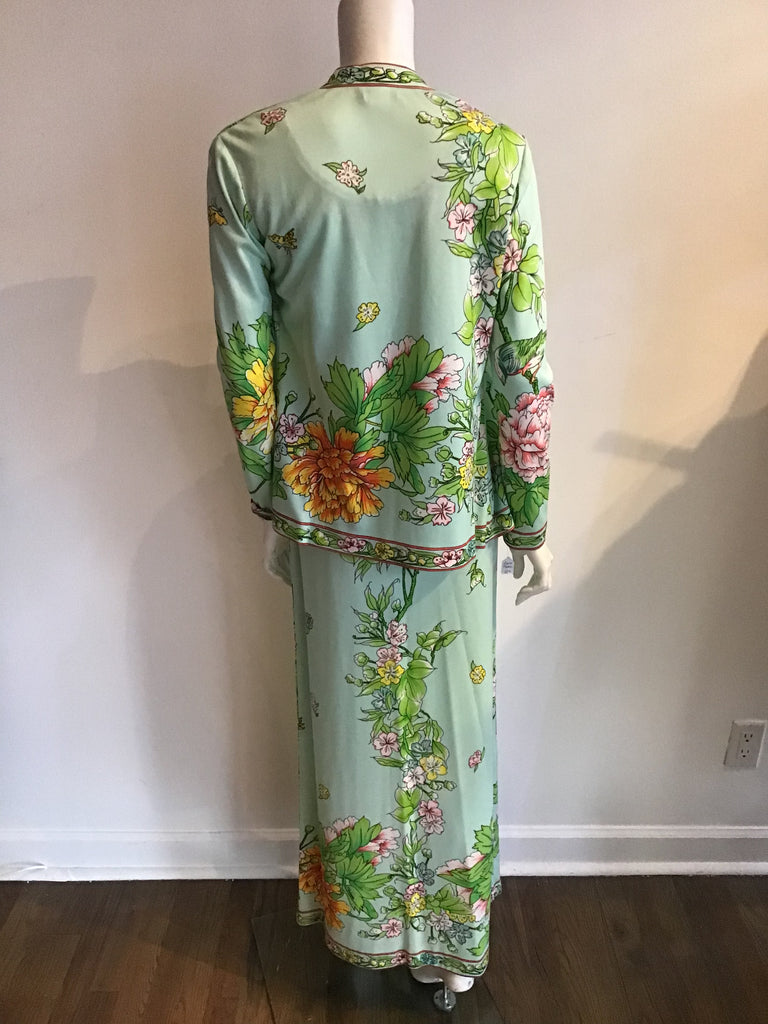 1960s Maurice Two piece Mint green floral polyester two piece long dress and jacket
