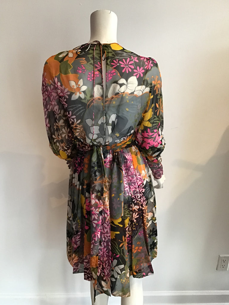 1980's Multicolor Silk Chiffon Floral Dress Size 7/8