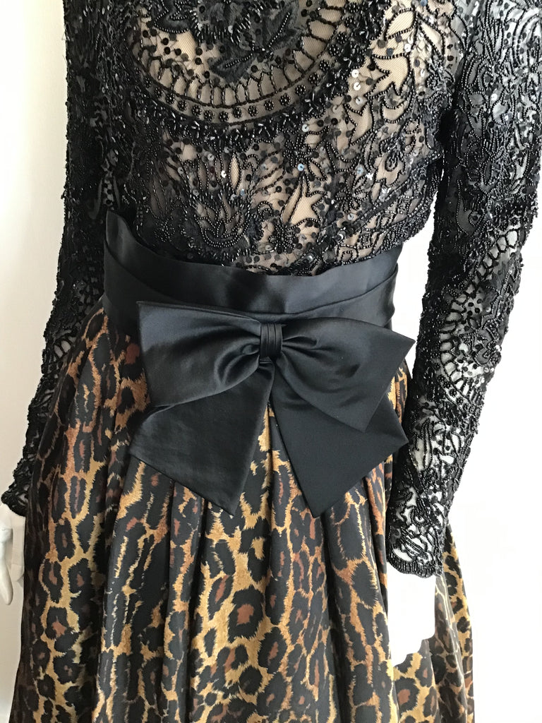 1980s Naeen Kahn Silk Leopard skirt with intricately beaed black beaded top