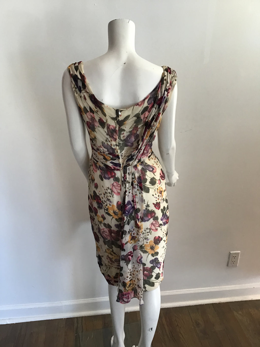 1950s Ceil Chapman Cream Floral Silk Chiffon Cocktail Dress-size 6