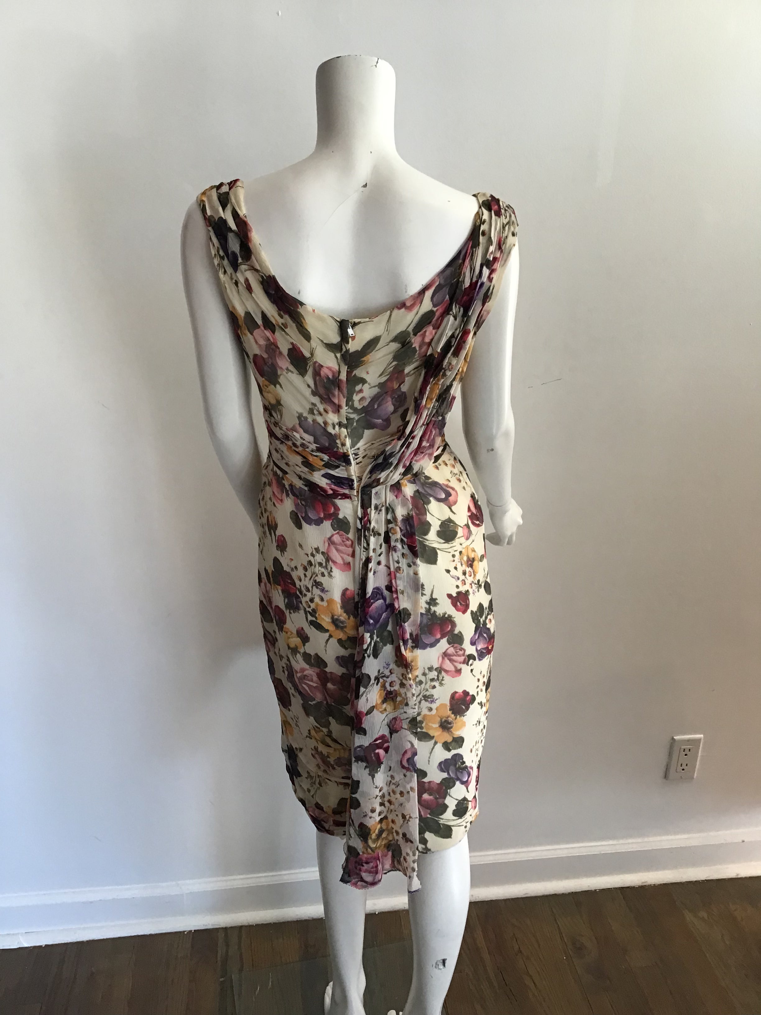 1950s Ceil Chapman Cream Floral Silk Chiffon Cocktail Dress-size 6