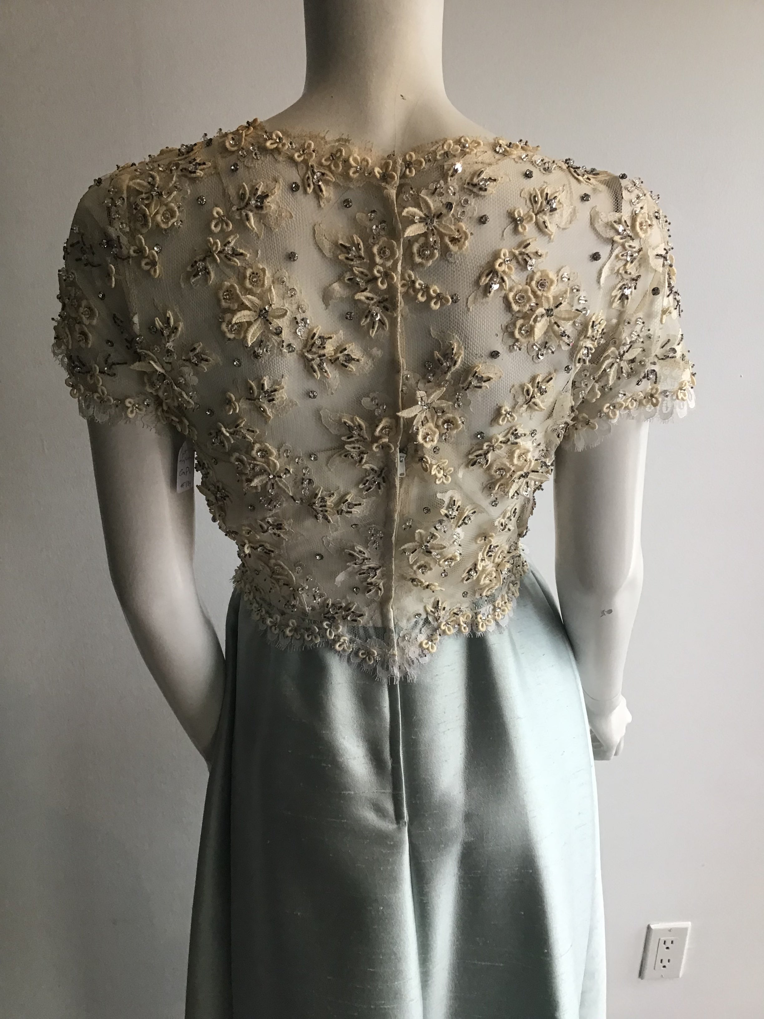 1960s Mat Kaplan Cream Lace and Light Blue Silk Shantung Beaded Evening Gown-size 6