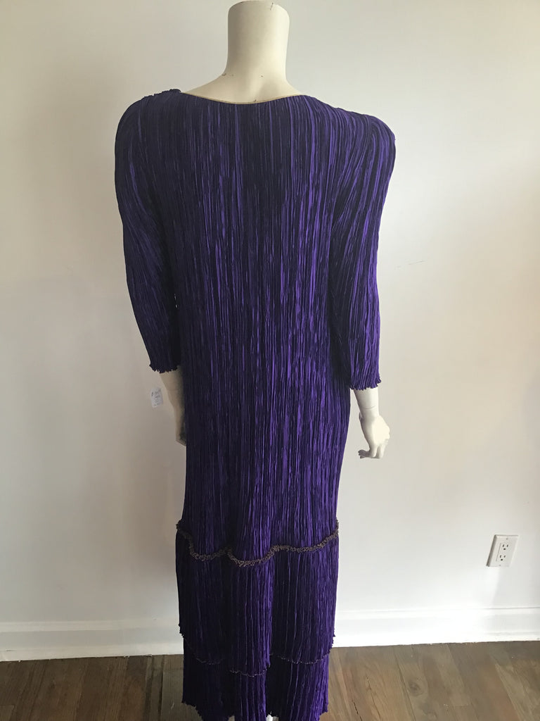 Purple silk Mary Mcfadden long pleated gown with gold trim