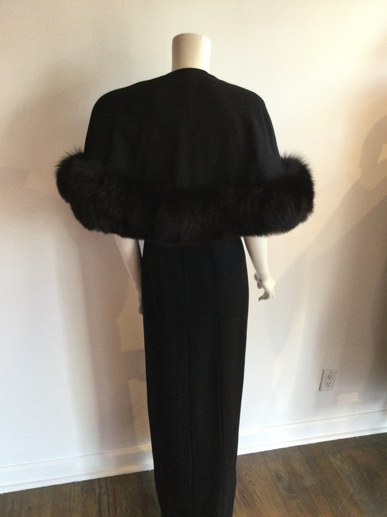 Stunning Vintage 1980s Pauline Trigere Black Wool sheath dress with matching fox trim capelet