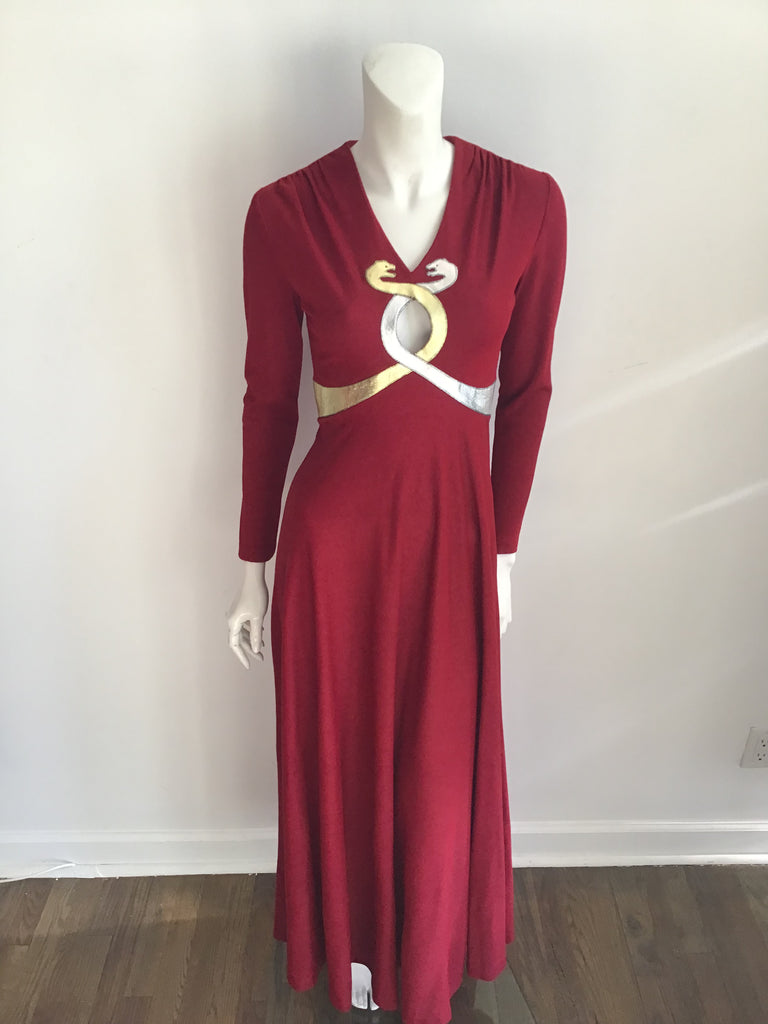 1970s  Red and Gold Mr Boots Snakes Evening Gown size 4