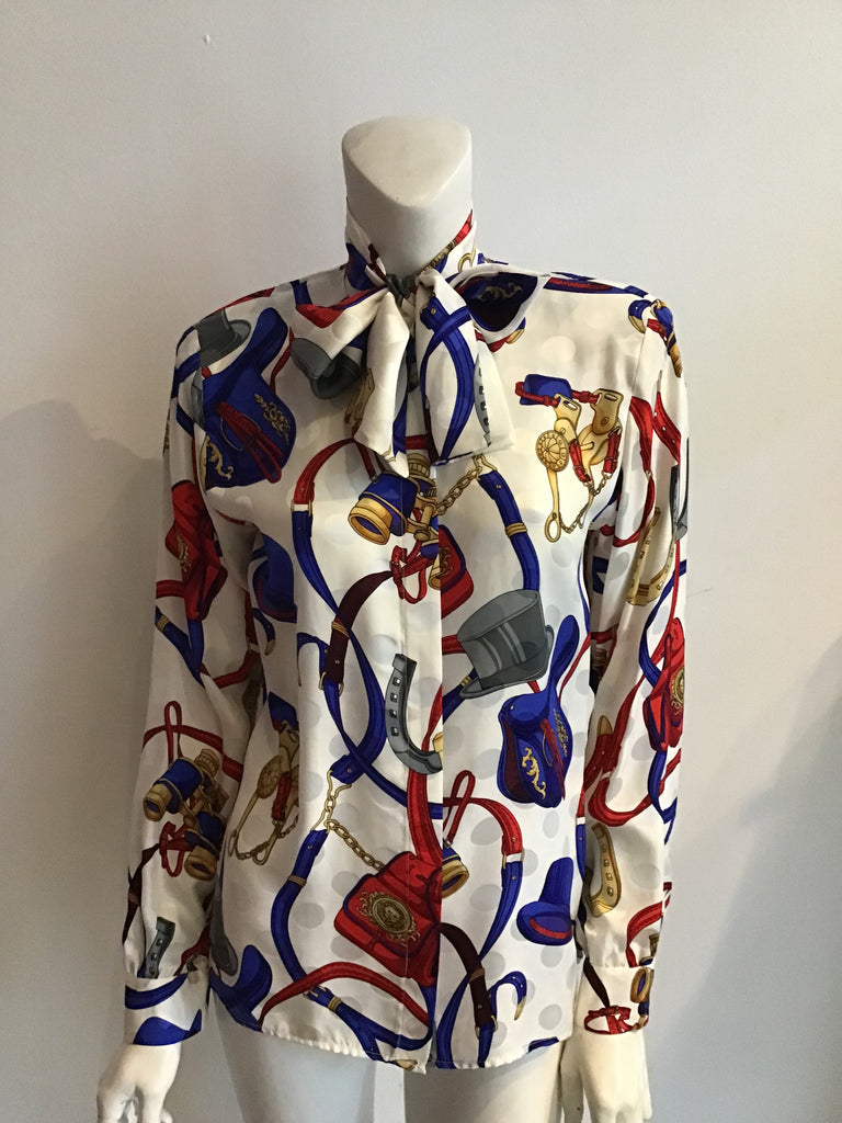 1980s Gay Boyer Equestrian Printed Blouse