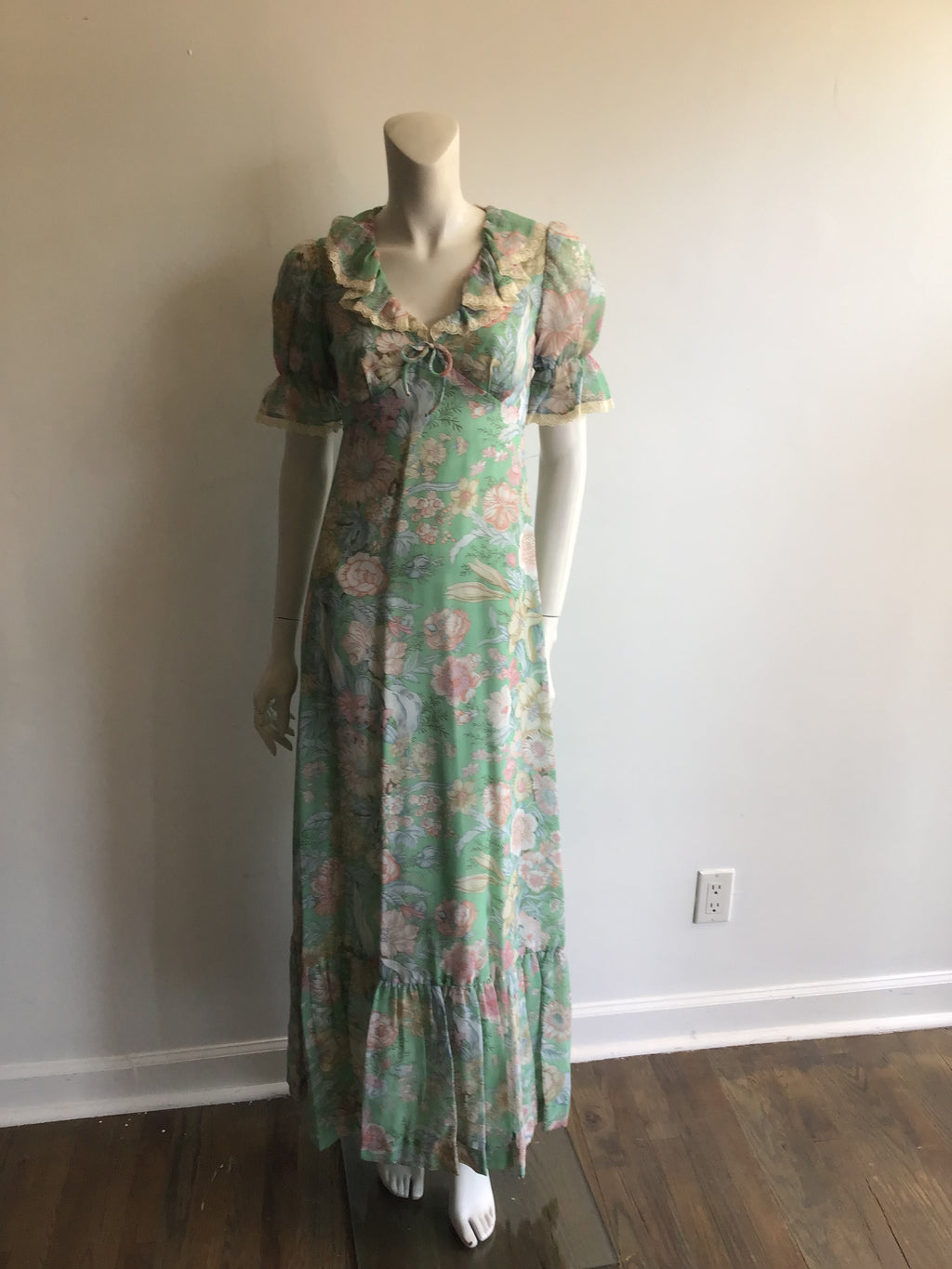 1970's Mint Green Floral Polyester  Prairie Dress size 2-4