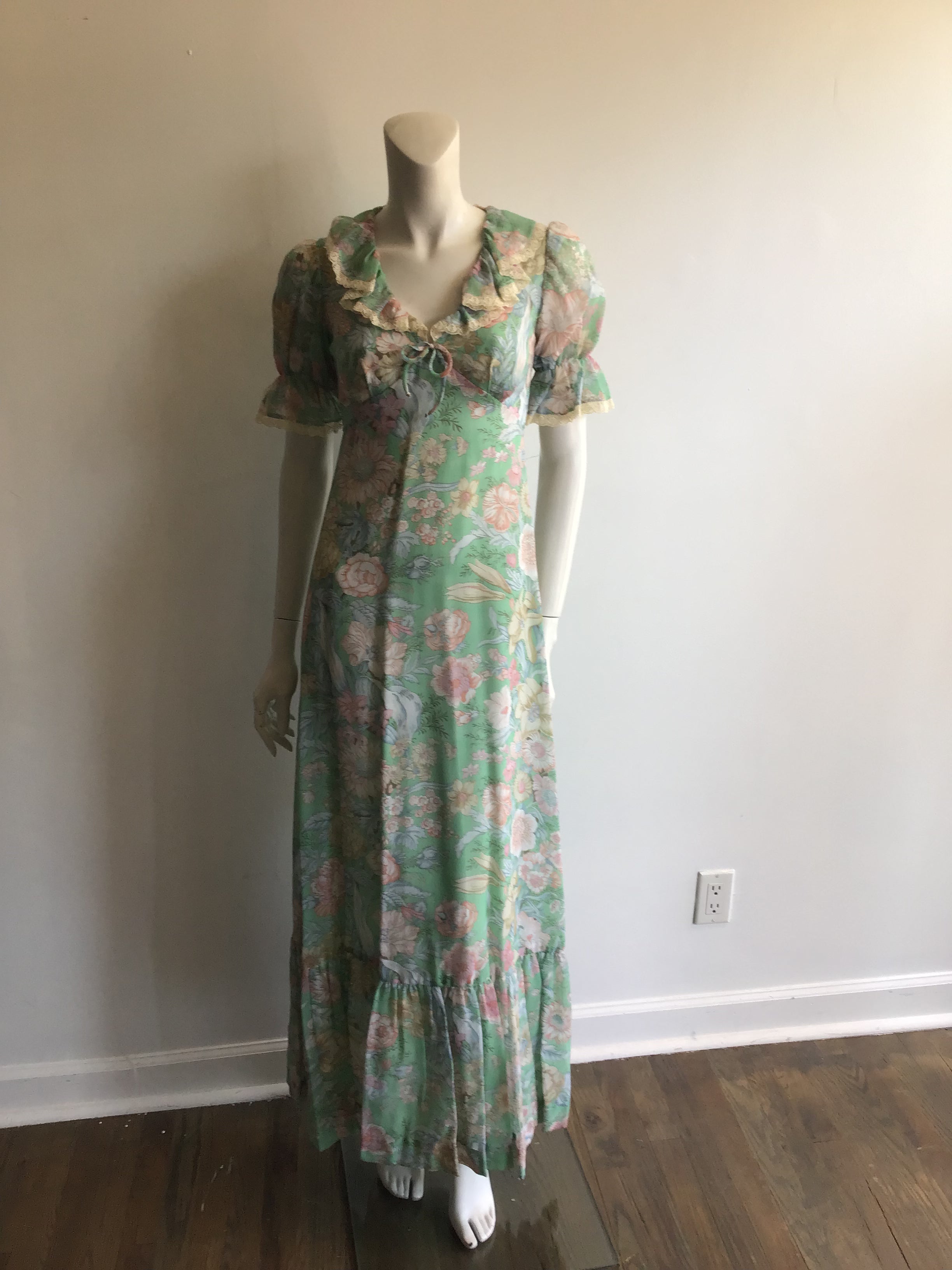 1970's Mint Green Floral Polyester  Prairie Dress size 2-4