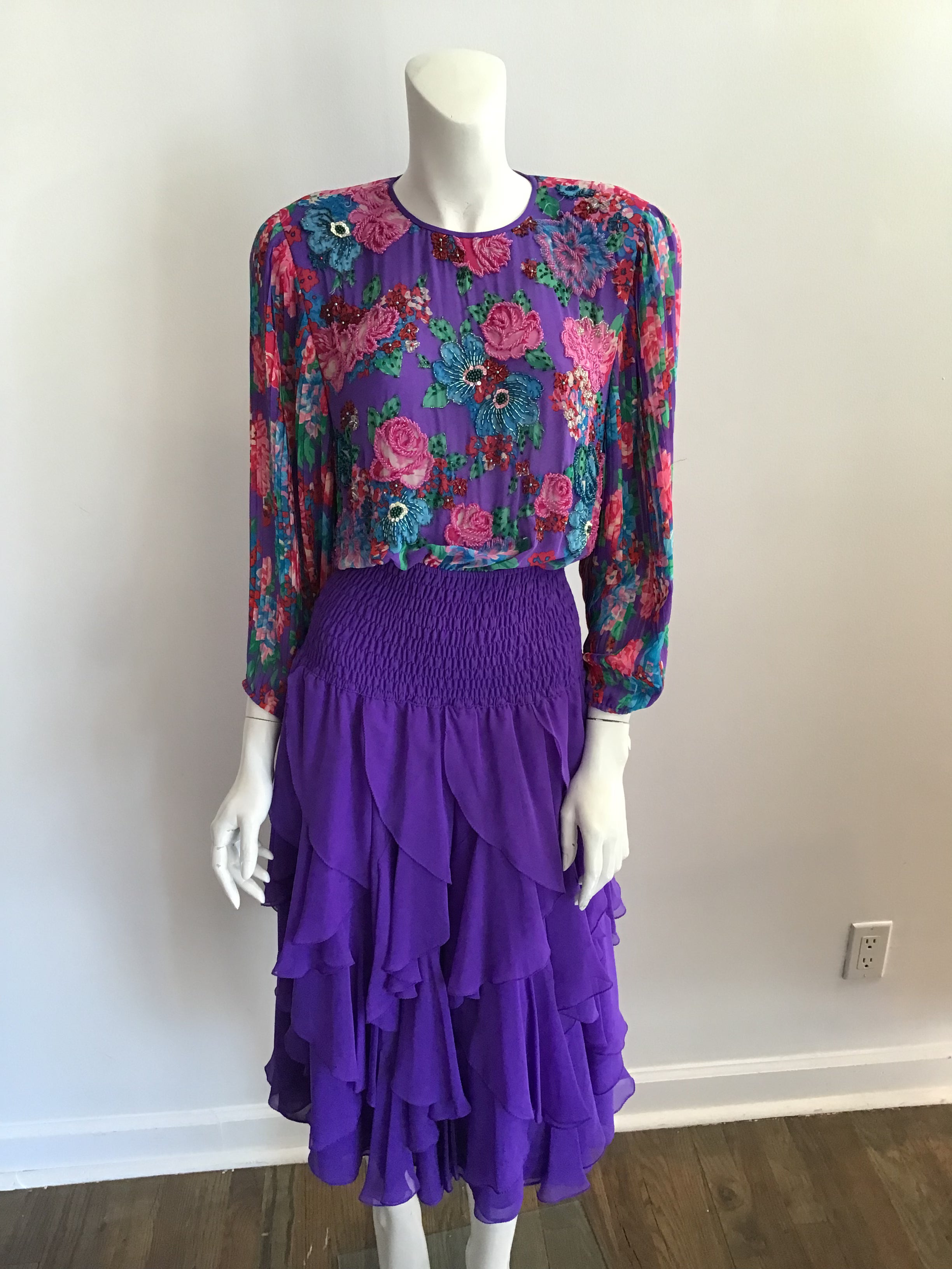 1980's Diane Freis Purple Polyester Chiffon Tiered  /Floral  Dress Size 8