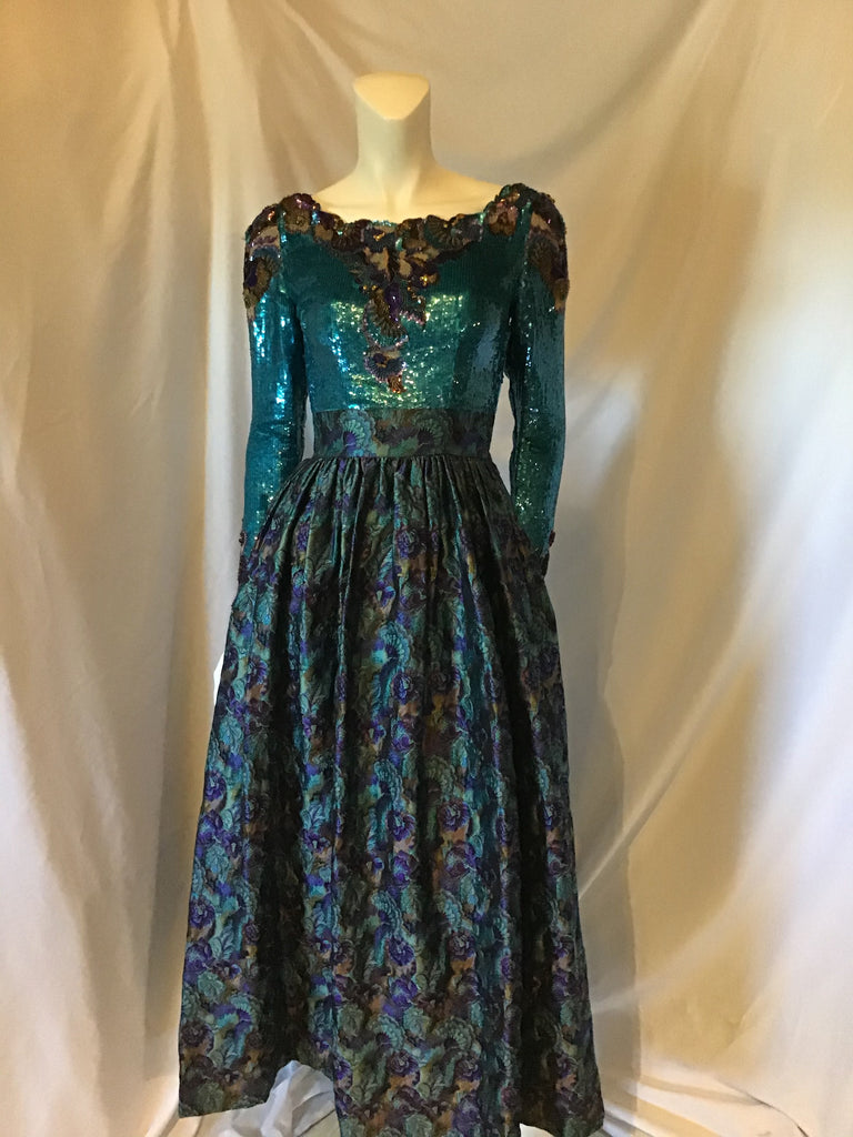Vintage Couture 1990s  Mary Mcfadden teal and purple silk  brocade sequinned and beaded gown 