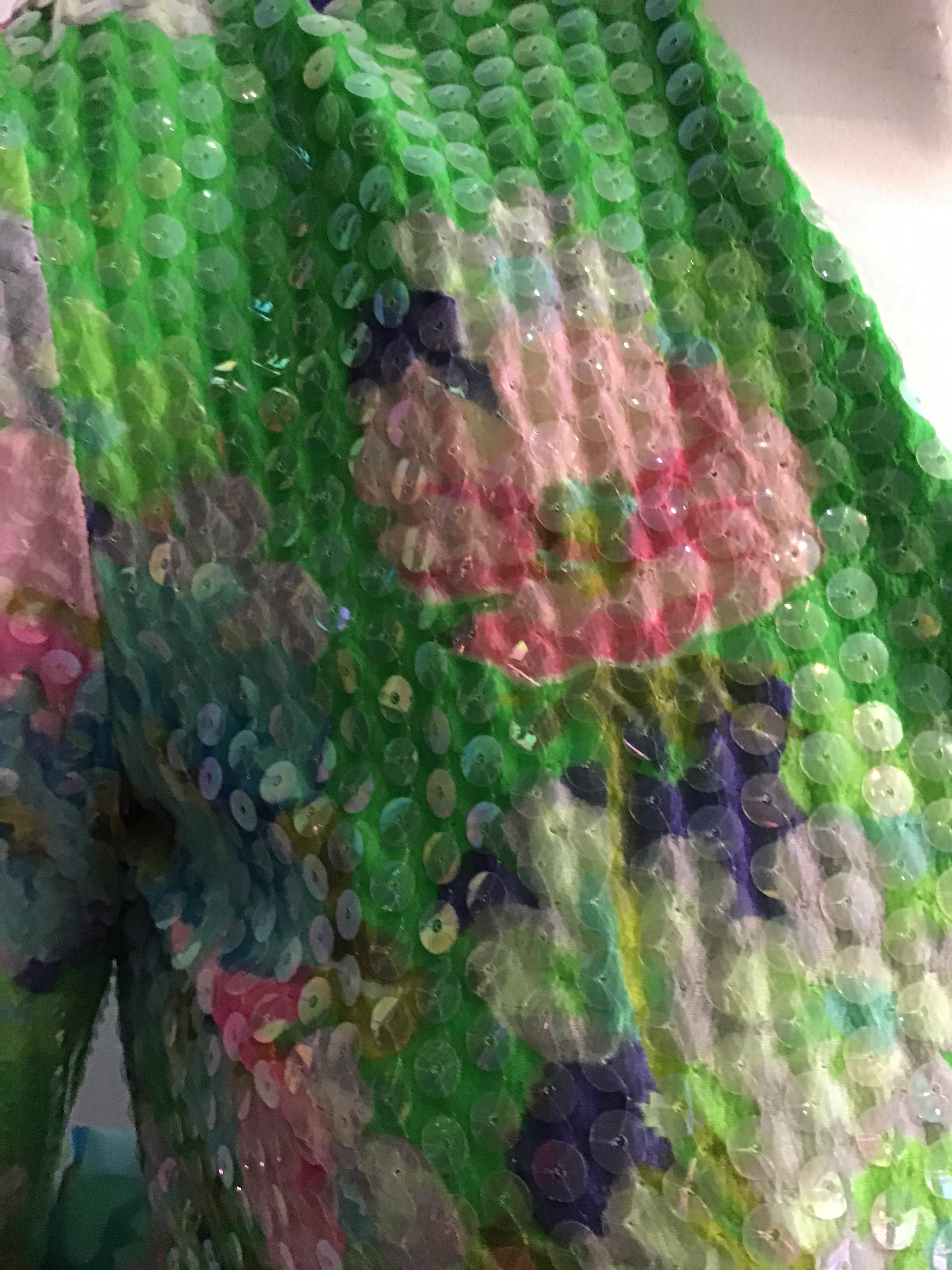 1960's Green Floral  Sequined Silk Chiffon Evening Gown-4/6