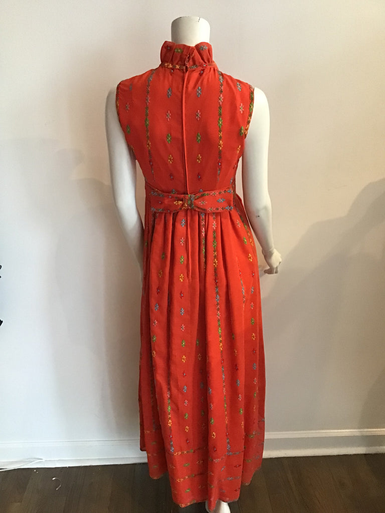 1970's Orange Cotton  Maxi Dress with Embroidery size 2-4