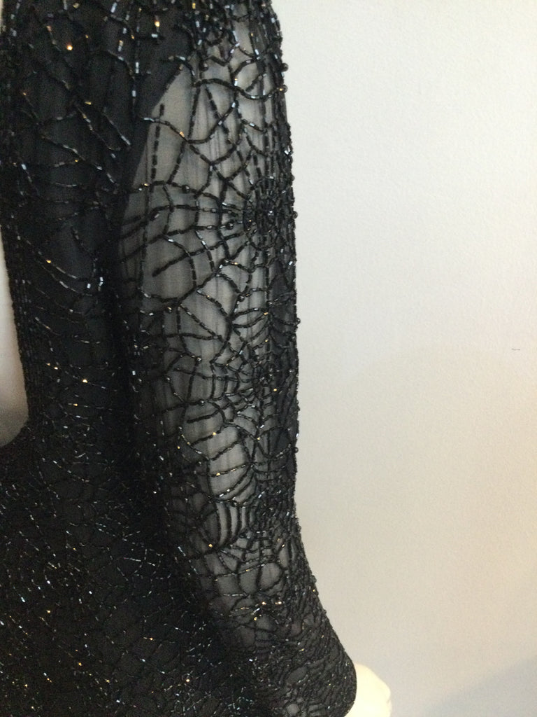 1980's Oleg Cassini Black Beaded Spiderweb design Black Evening Gown-Size 8
