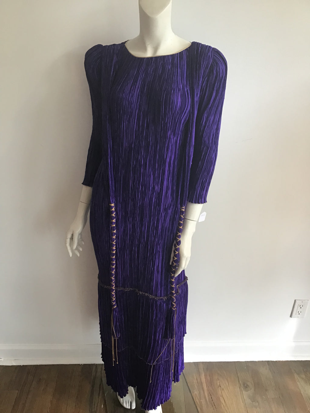 1980's Mary McFadden Couture Royal Purple Silk Pleated Gown with gold detailling -size 6