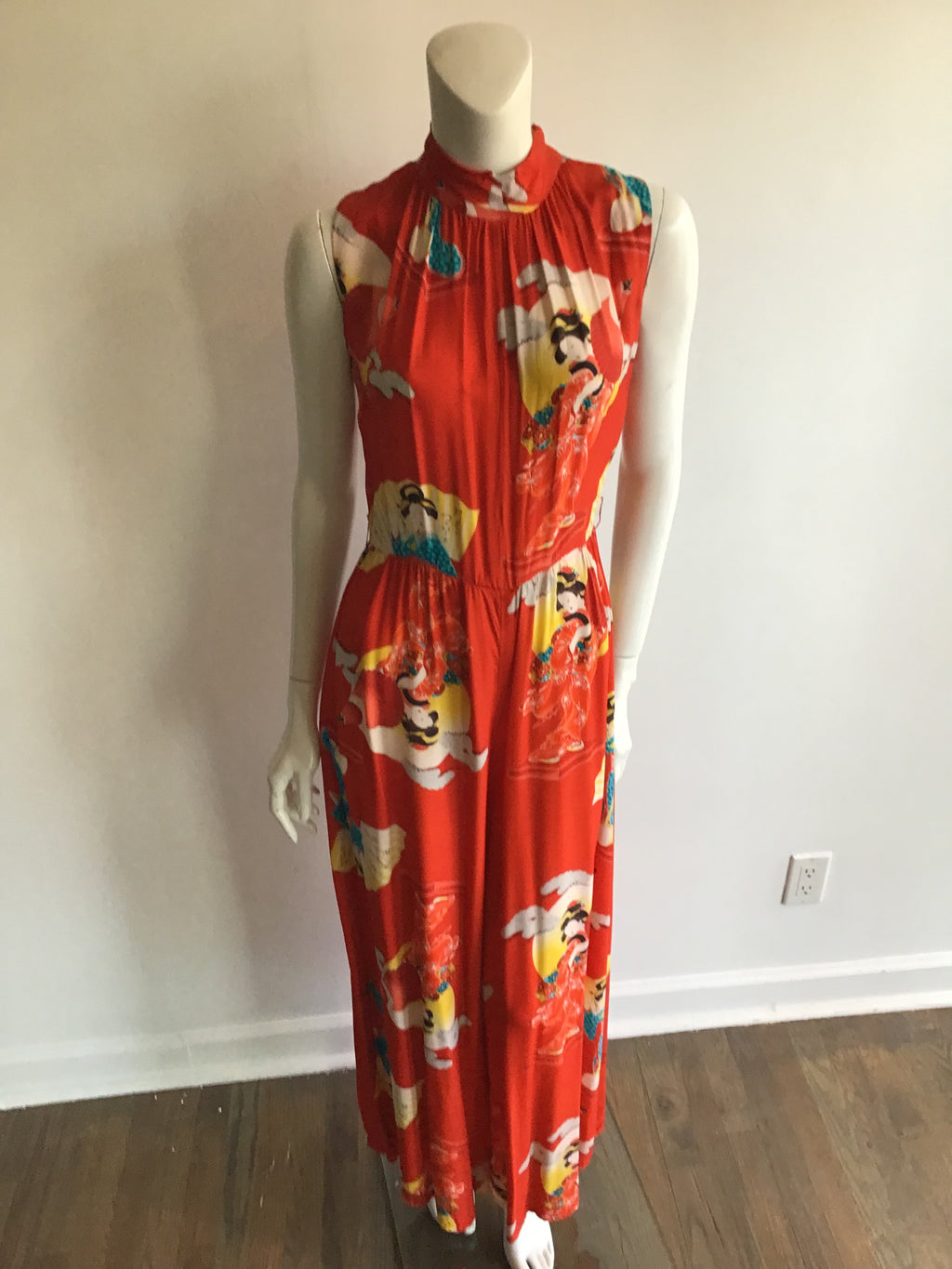 1960s Red Geisha Print Silk Jumpsuit size 7/8