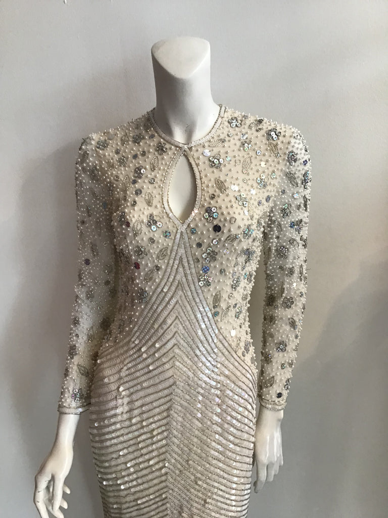 1980's Naeem Khan Cream Chiffon Beaded Evening Gown Size 7/8