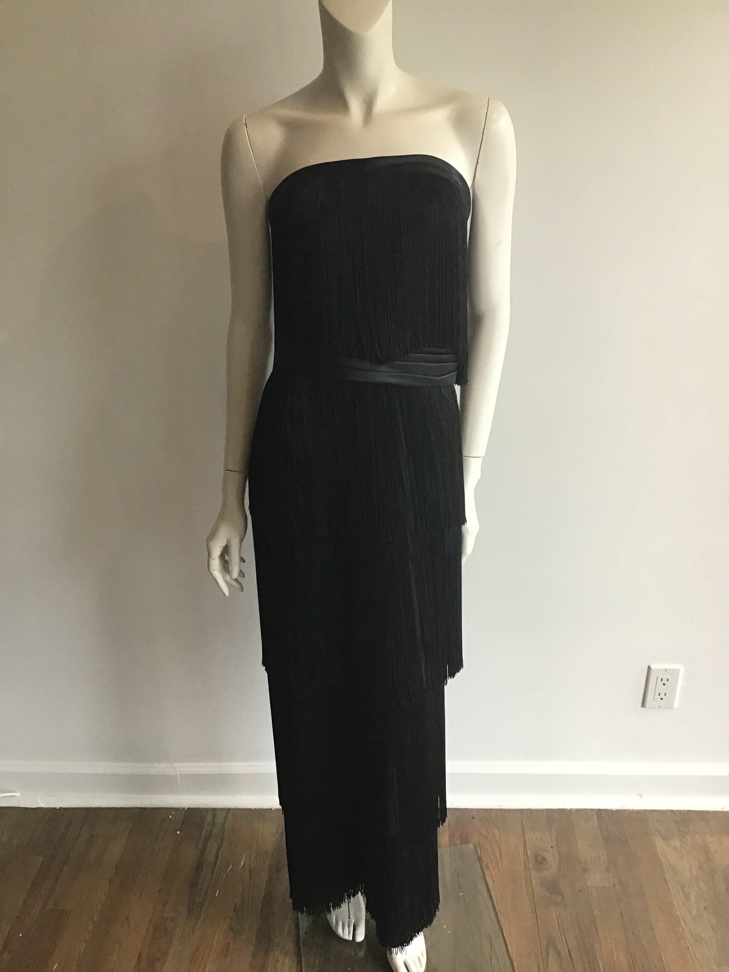 1960s Rose Taft for Couture Black Fringe Evening Gown