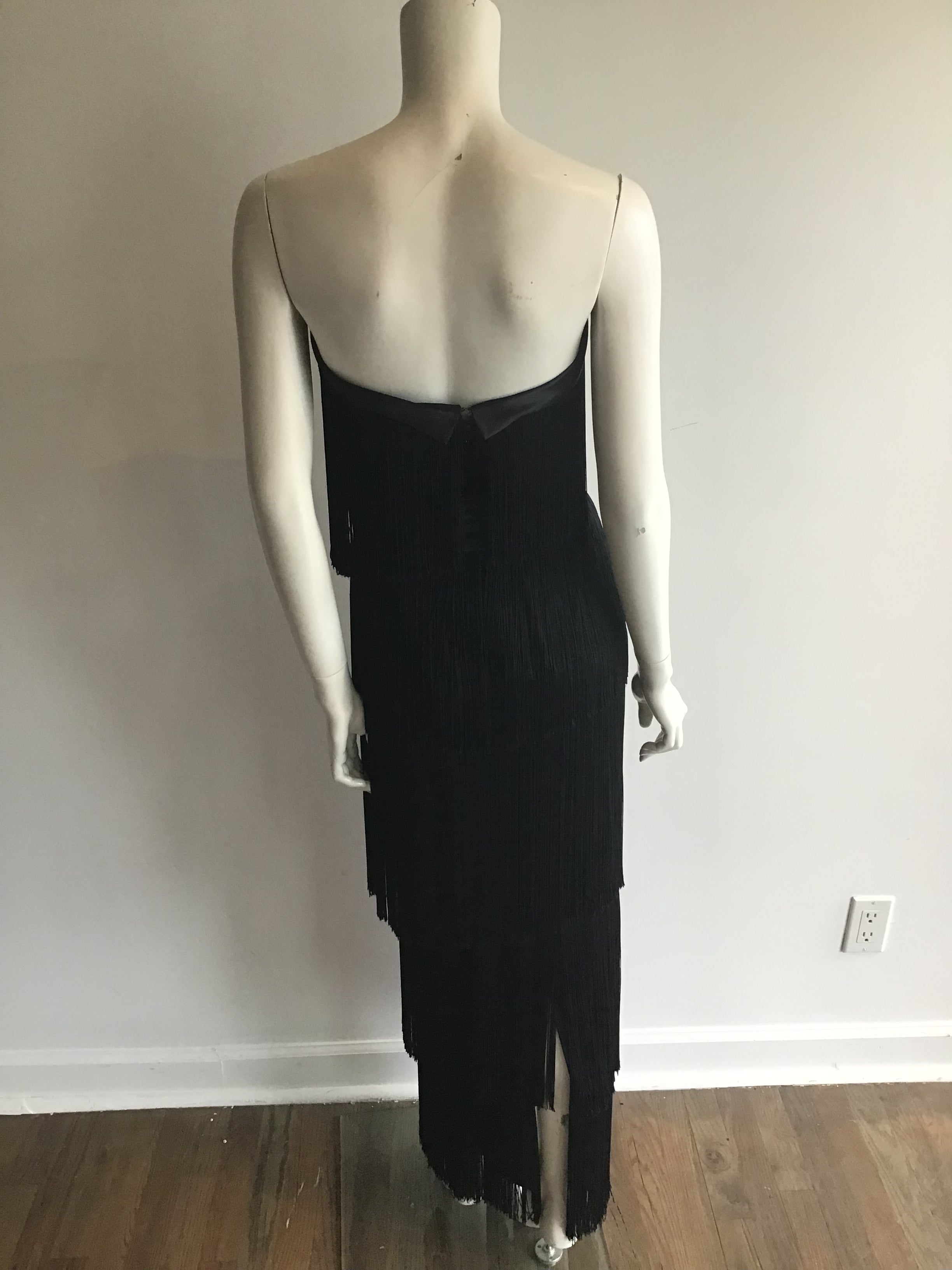 1960s Rose Taft for Couture Black Fringe Evening Gown