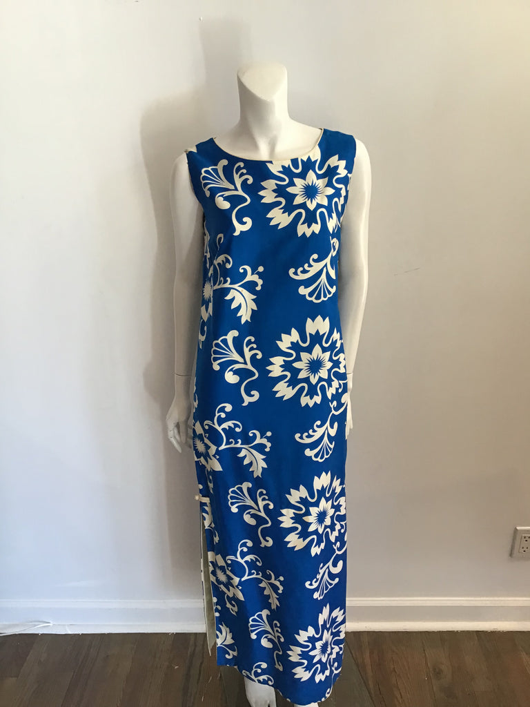 1960s Island Casuals Blue and White Hawaiian Dress