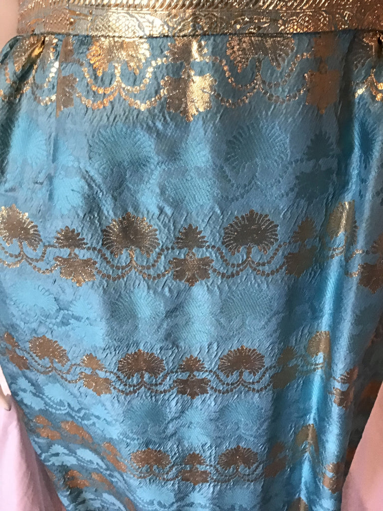 1960s Silk Sari Fabric Gown gold and teal  size  4