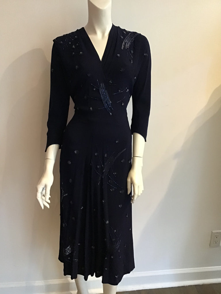 1940s vintage dark blue silk  crepe cocktail dress with sequins and beading 