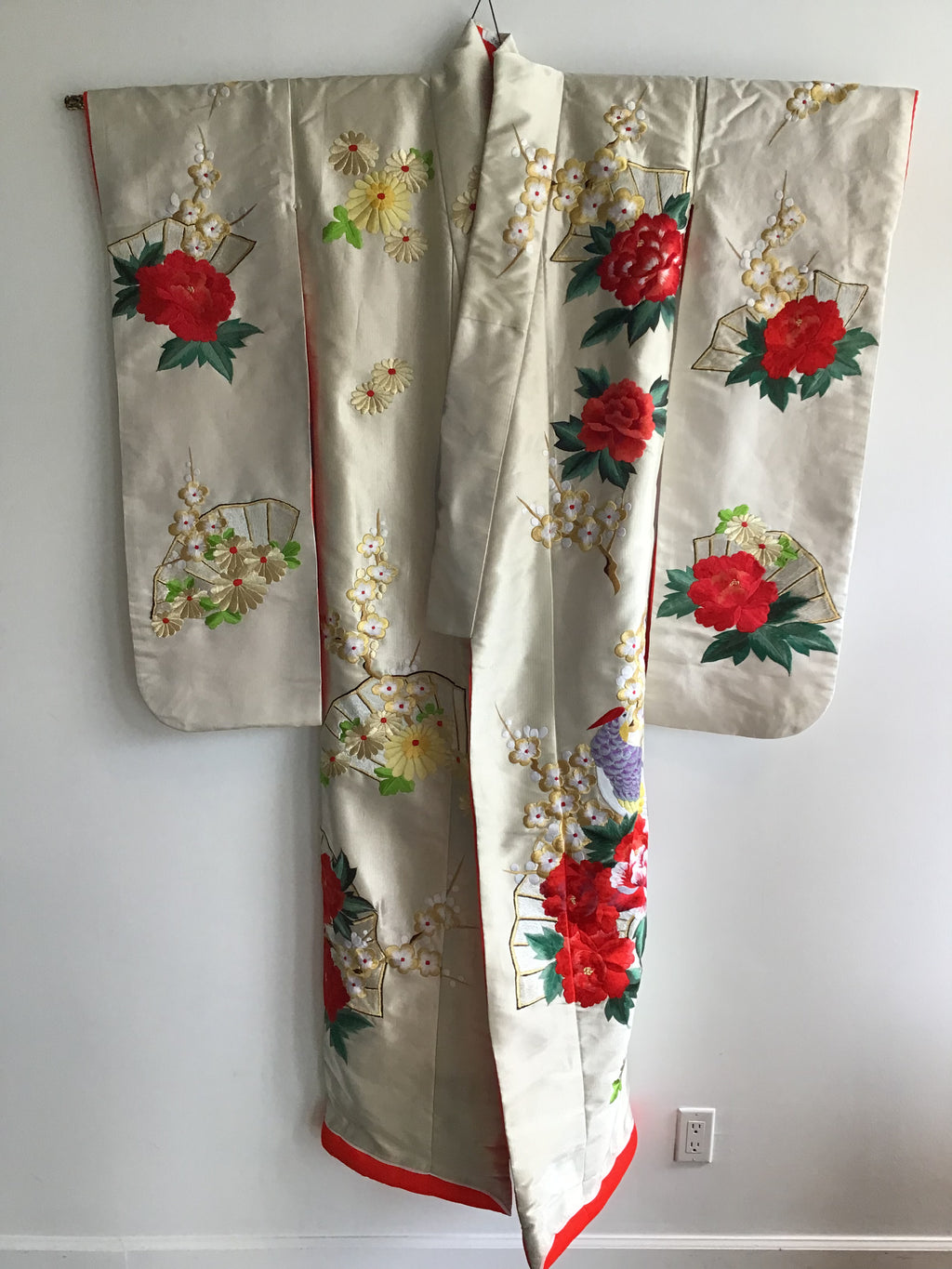 1960s Red Peonies,Birds Handembroidered Silk Kimono
