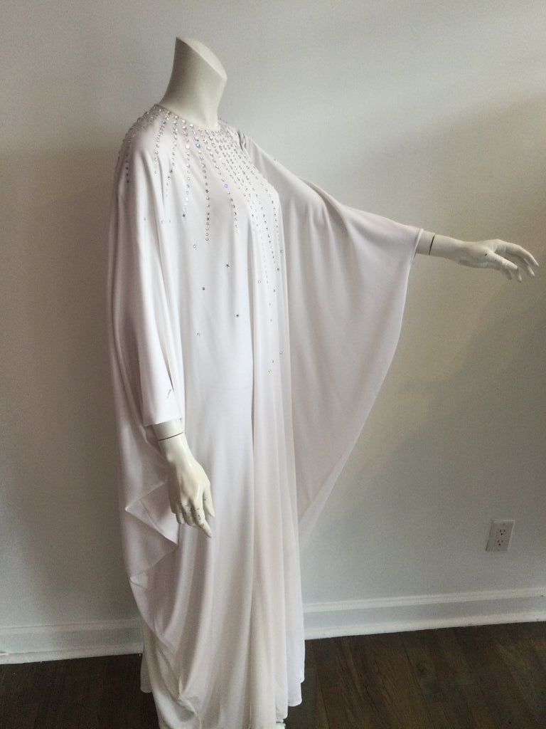 1970's White Lucie Ann White Rhinestone Studded Polyester  Caftan Non-fitted