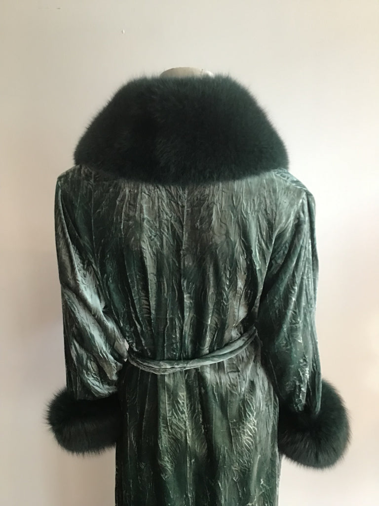 Velvet moss green Robe with dyed fox fur trim