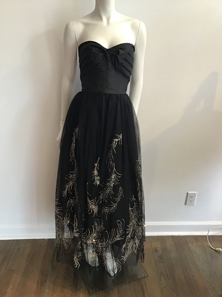 1980's Strapless Vicky Tiel Couture Black net Rhinestone and gold detailed Gown size 5/6
