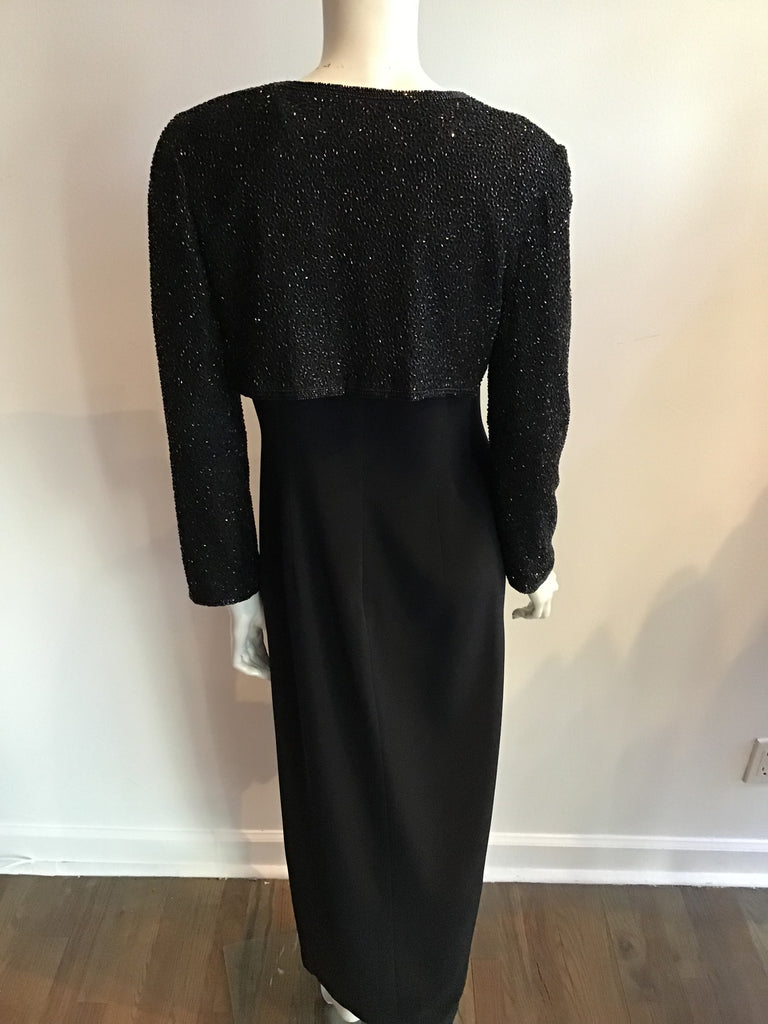 Vintage two piece Bob Mackie Black rayon/silk evening gown with matching black beaded bolero