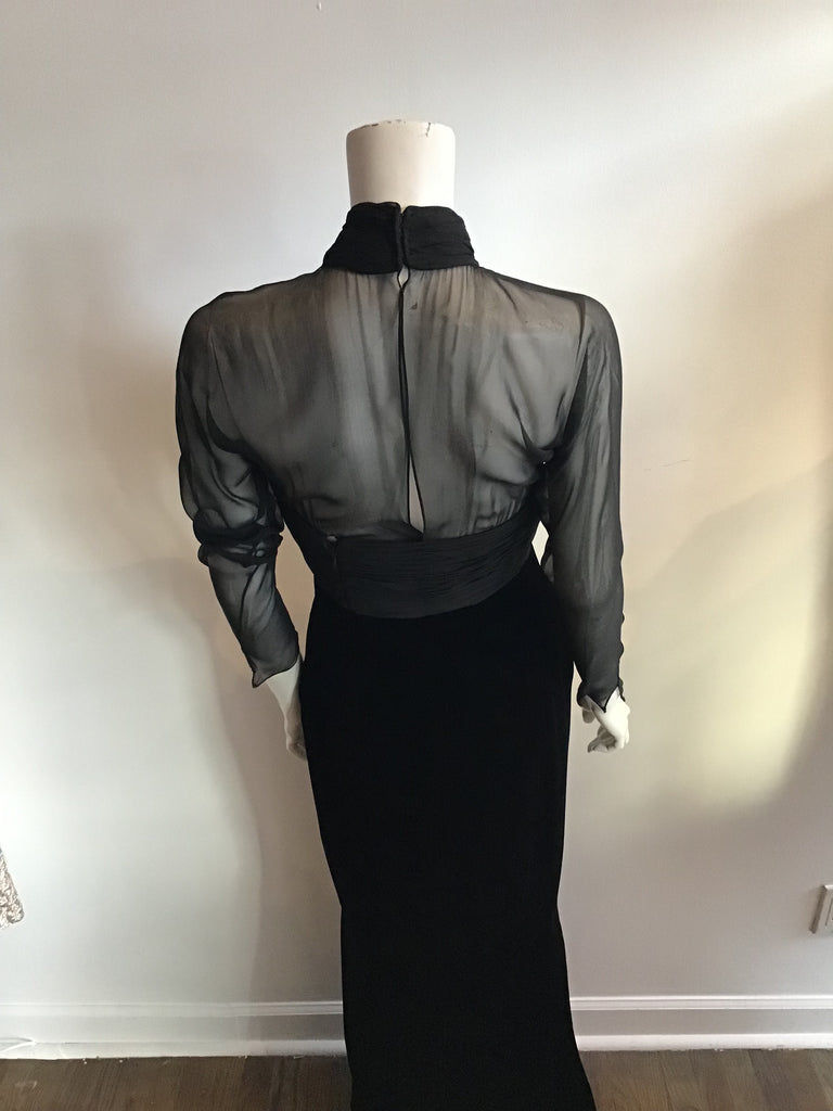1980's Oscar De La Renta Black Silk and Silk Chiffon Evening Gown-size 7/8