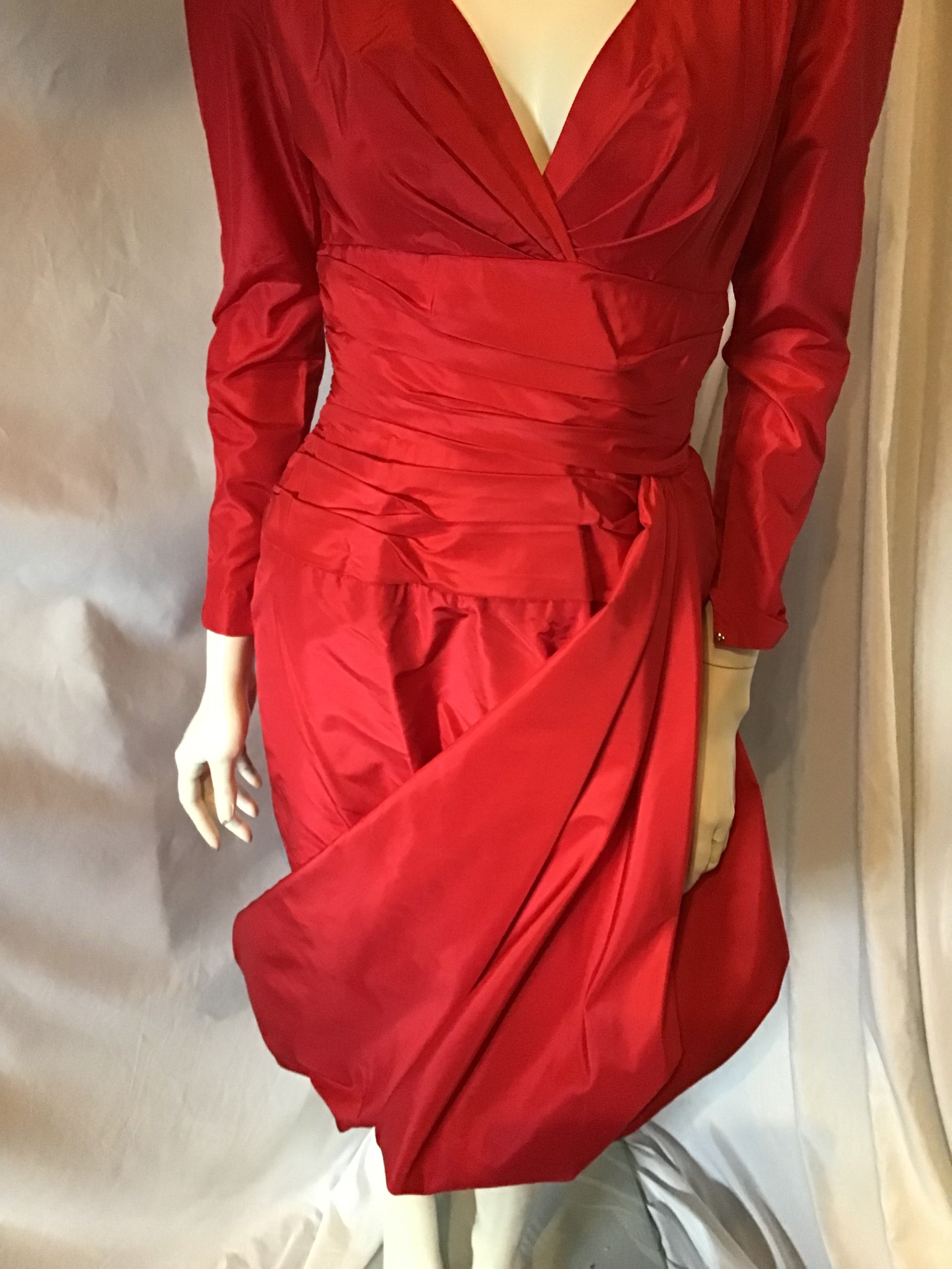 1980's Red Taffeta Cocktail Dress with Side Drape -size 8
