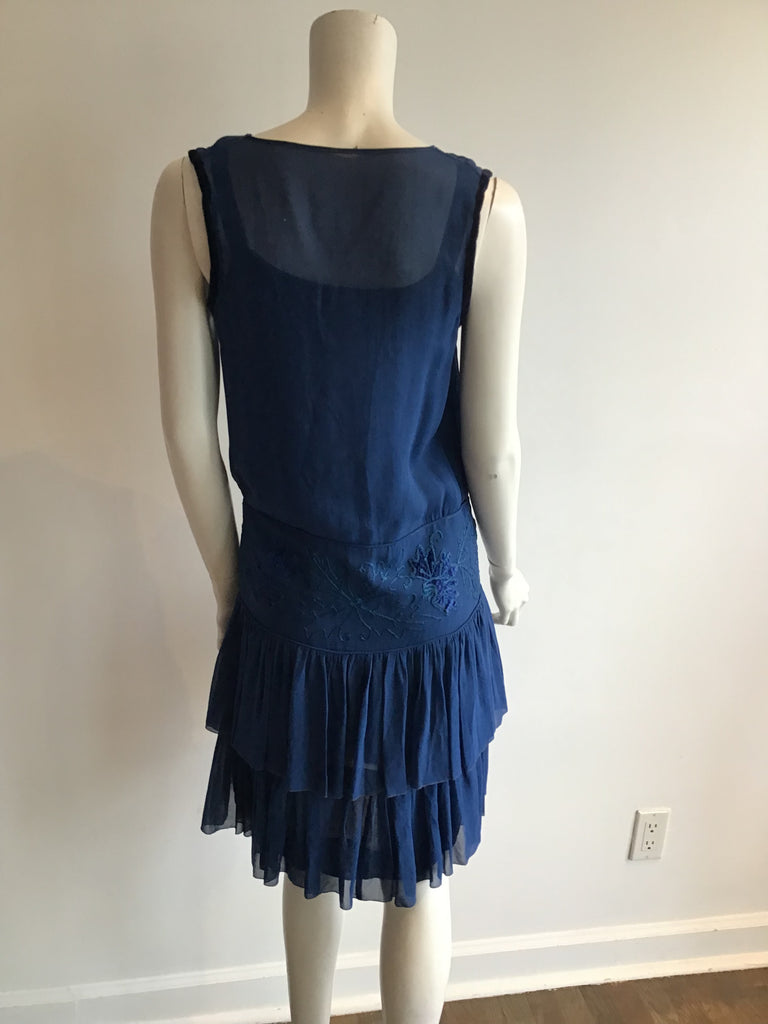 1920's Blue Silk Chiffon Dress with Embroidery size 4
