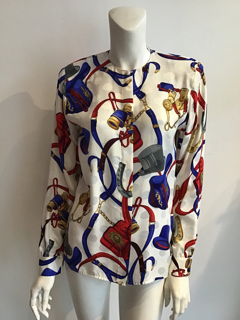 1980s Gay Boyer Equestrian Printed Blouse