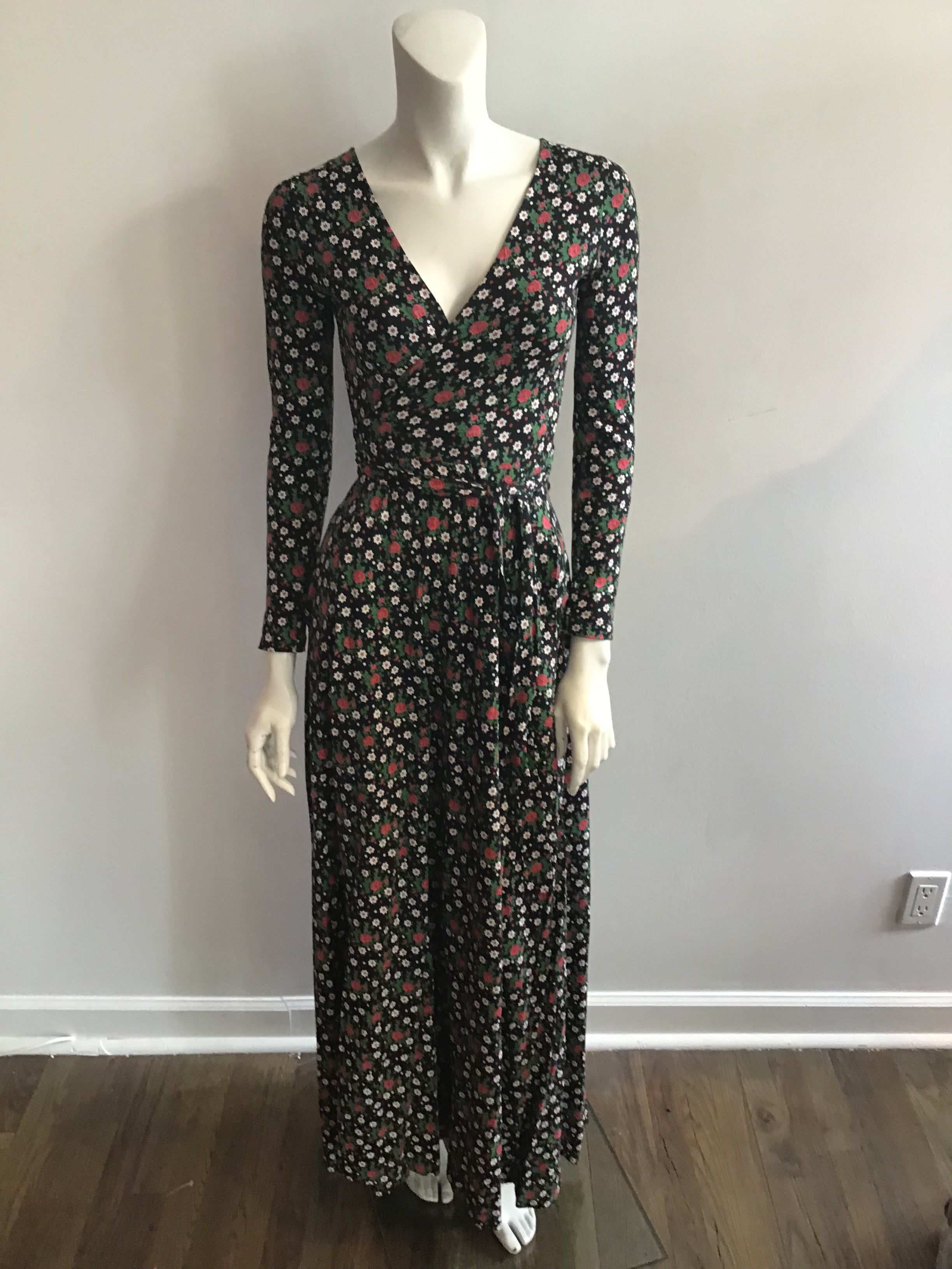 1970's Diane Von Fürstenberg Long Cotton/Rayon Floral Wrap Dress-6