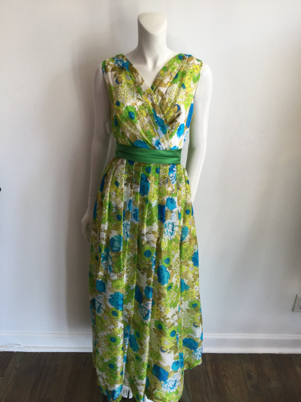 1960s Blue and Yellow Floral  Polyester Printed long Dress-size 7/8