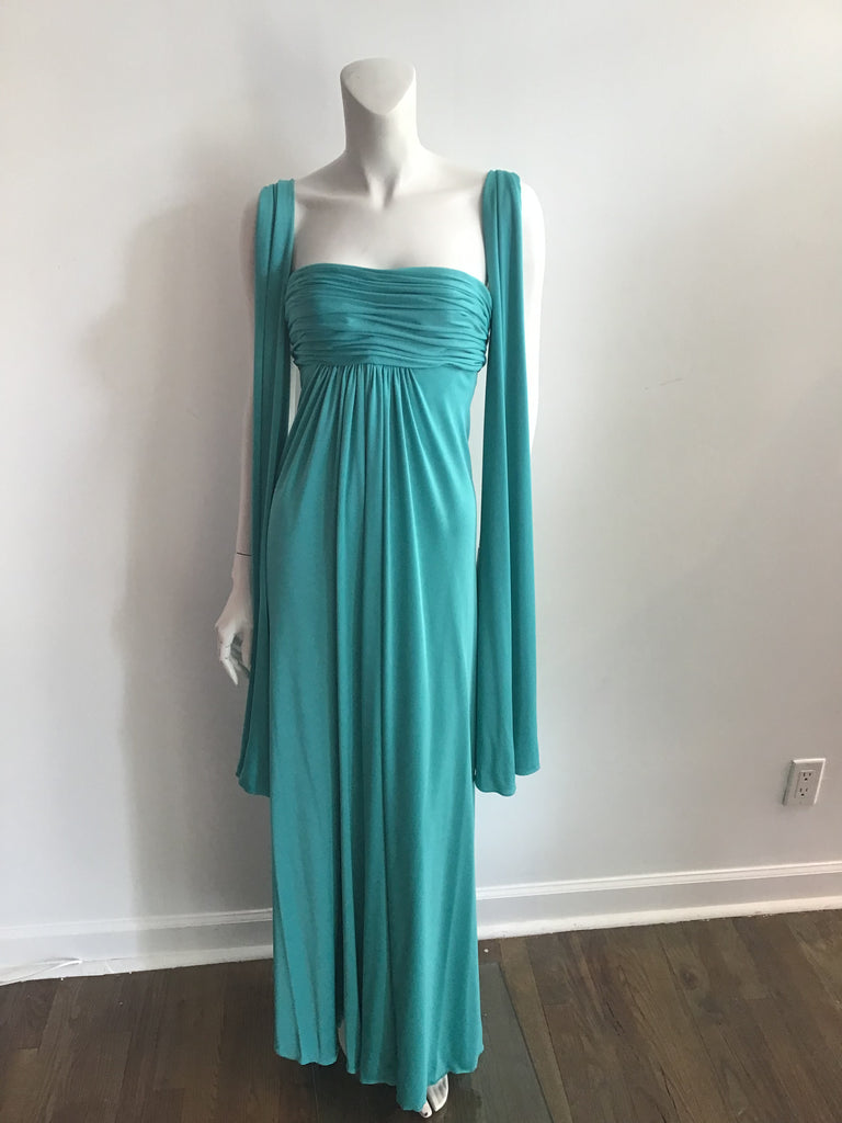 Late 1960s Estévez Strapless Teal Silk Jersey  Evening Gown-size 4