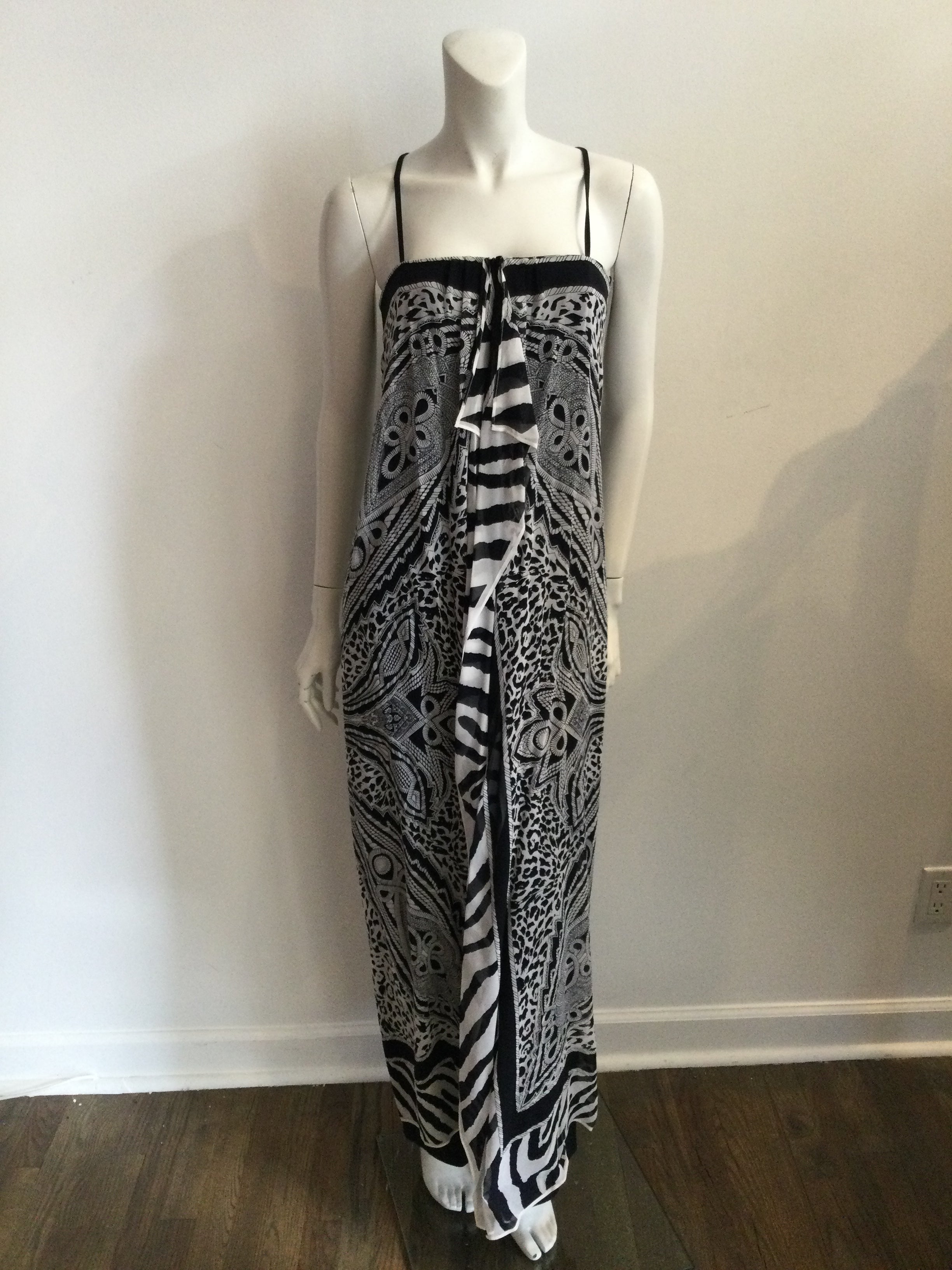 1980's Louis Féraud Black and White Silk Chiffon Paisley print long dress with Shawl-size 8