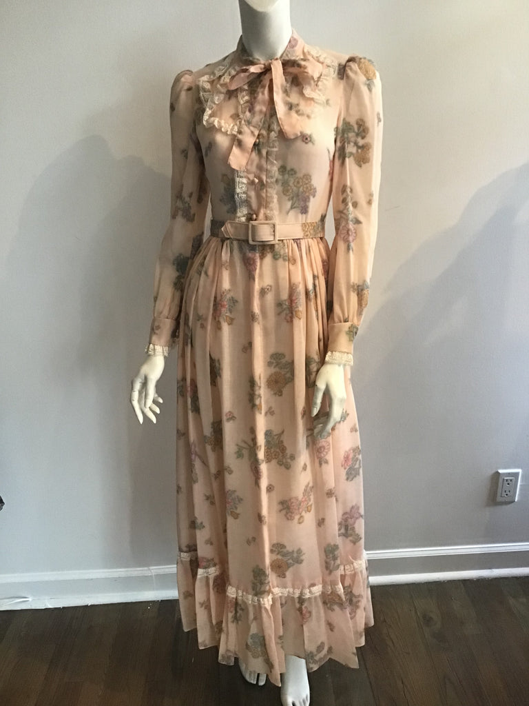 1970's Act II Peach Polyester Cotton Blend Floral Maxi Dress size 5
