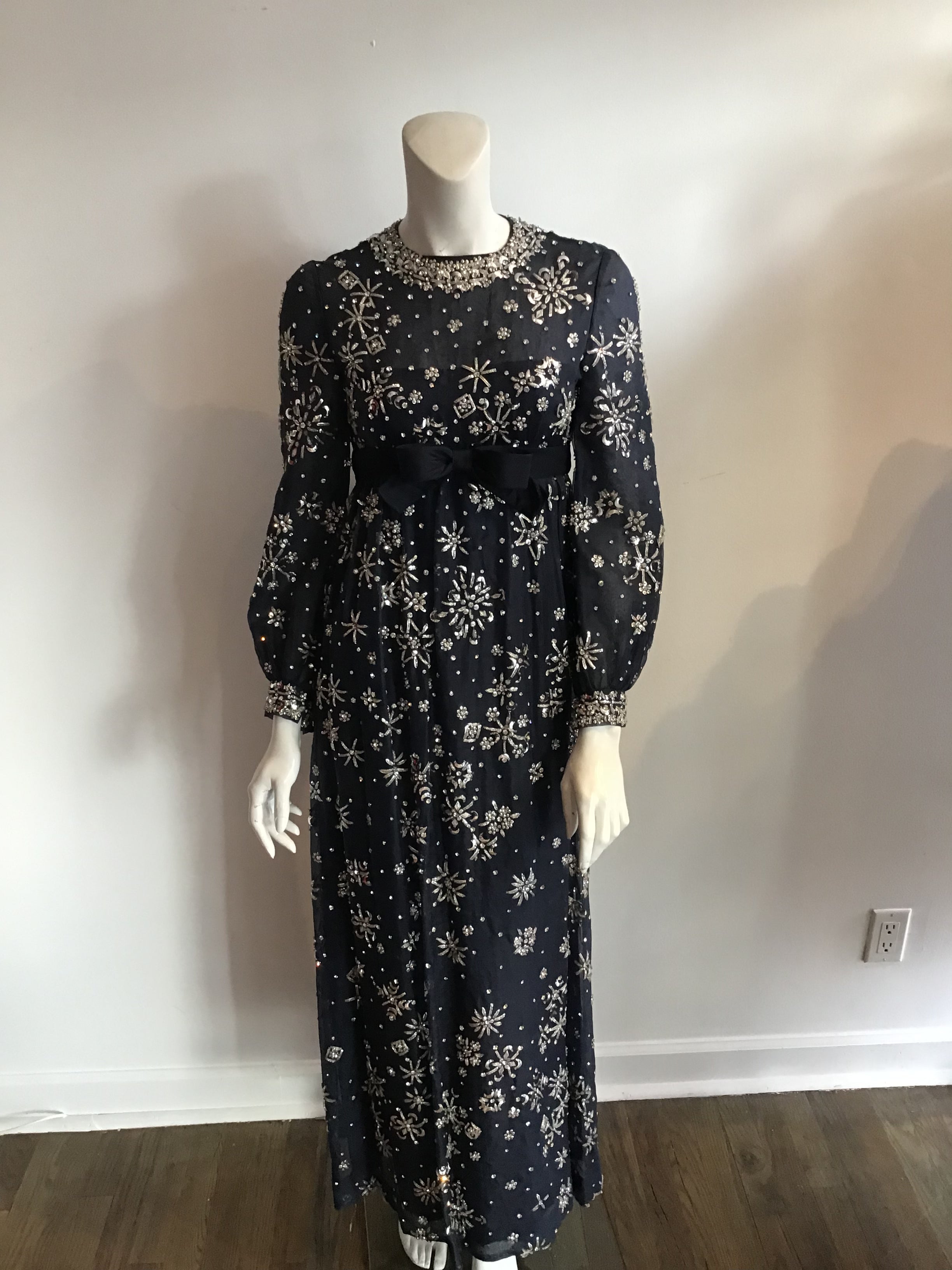 vintage 1960s blue organza beaded evening gown