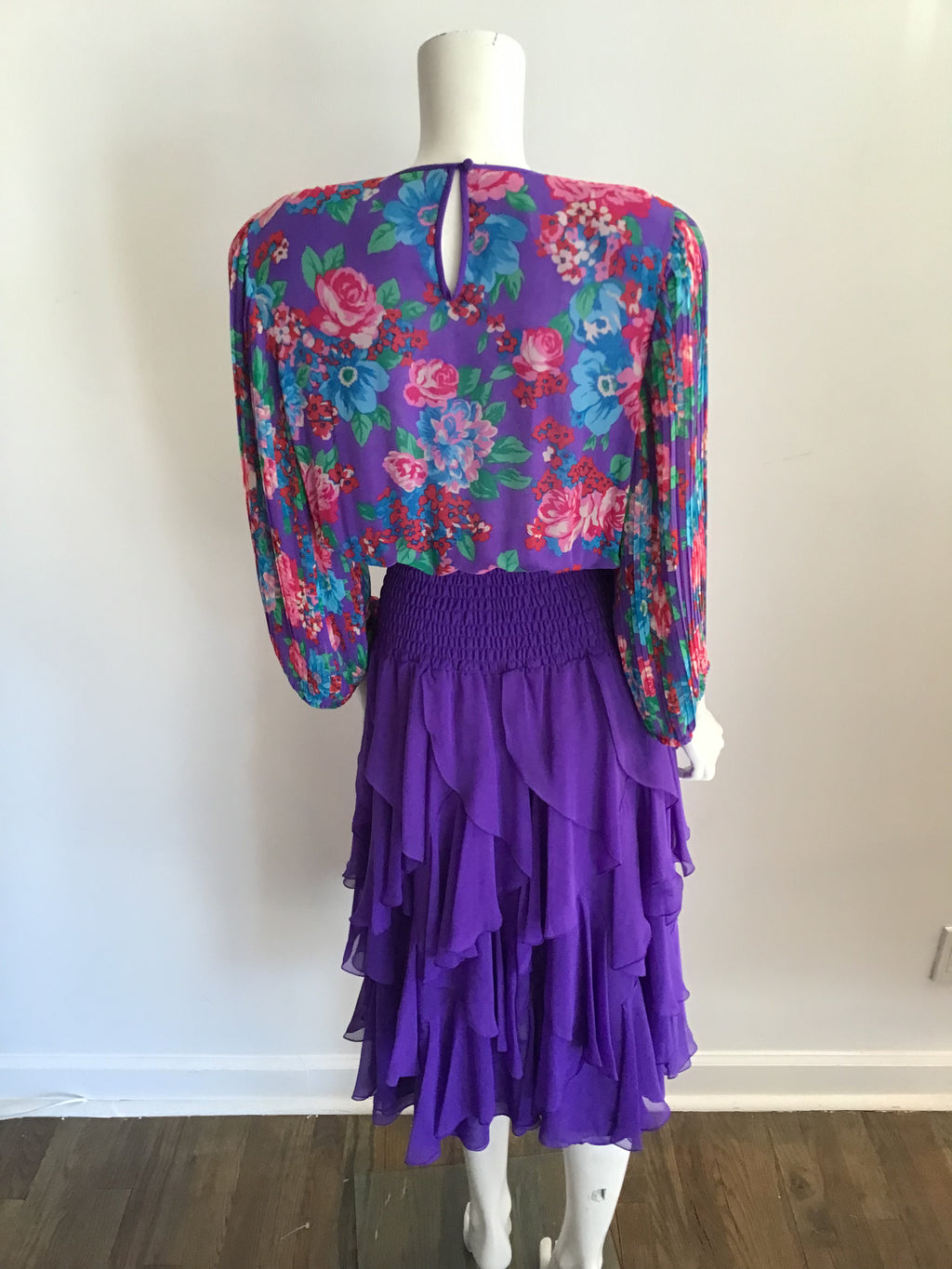 Vintage 80s Diane Freis Purple Polyester floral bodice dress with tiered skirt