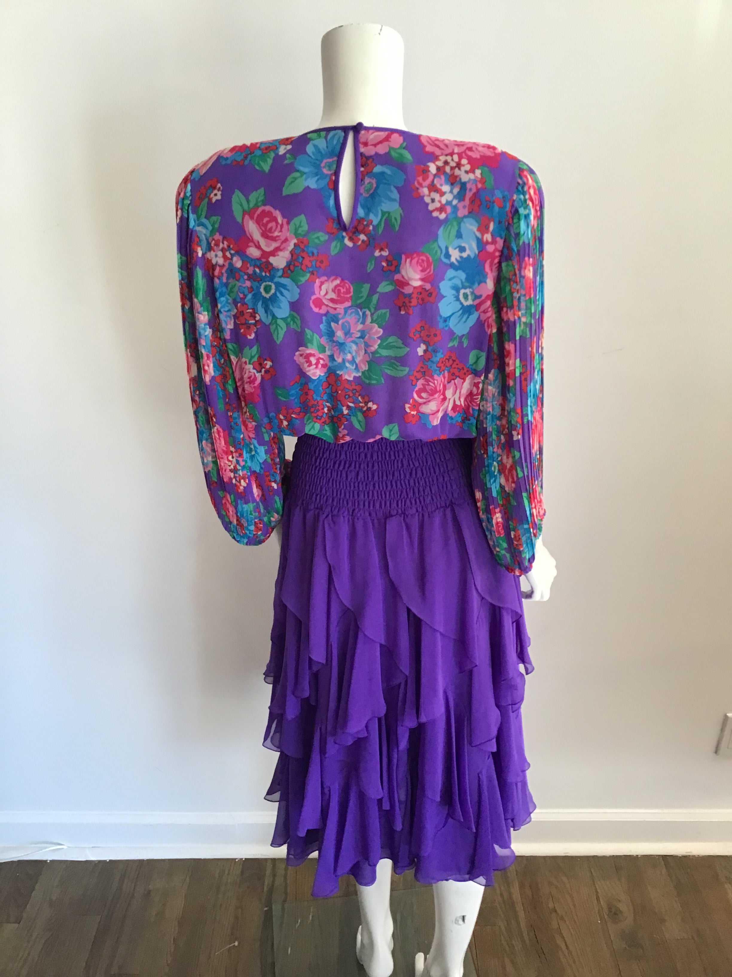 Vintage 80s Diane Freis Purple Polyester floral bodice dress with tiered skirt