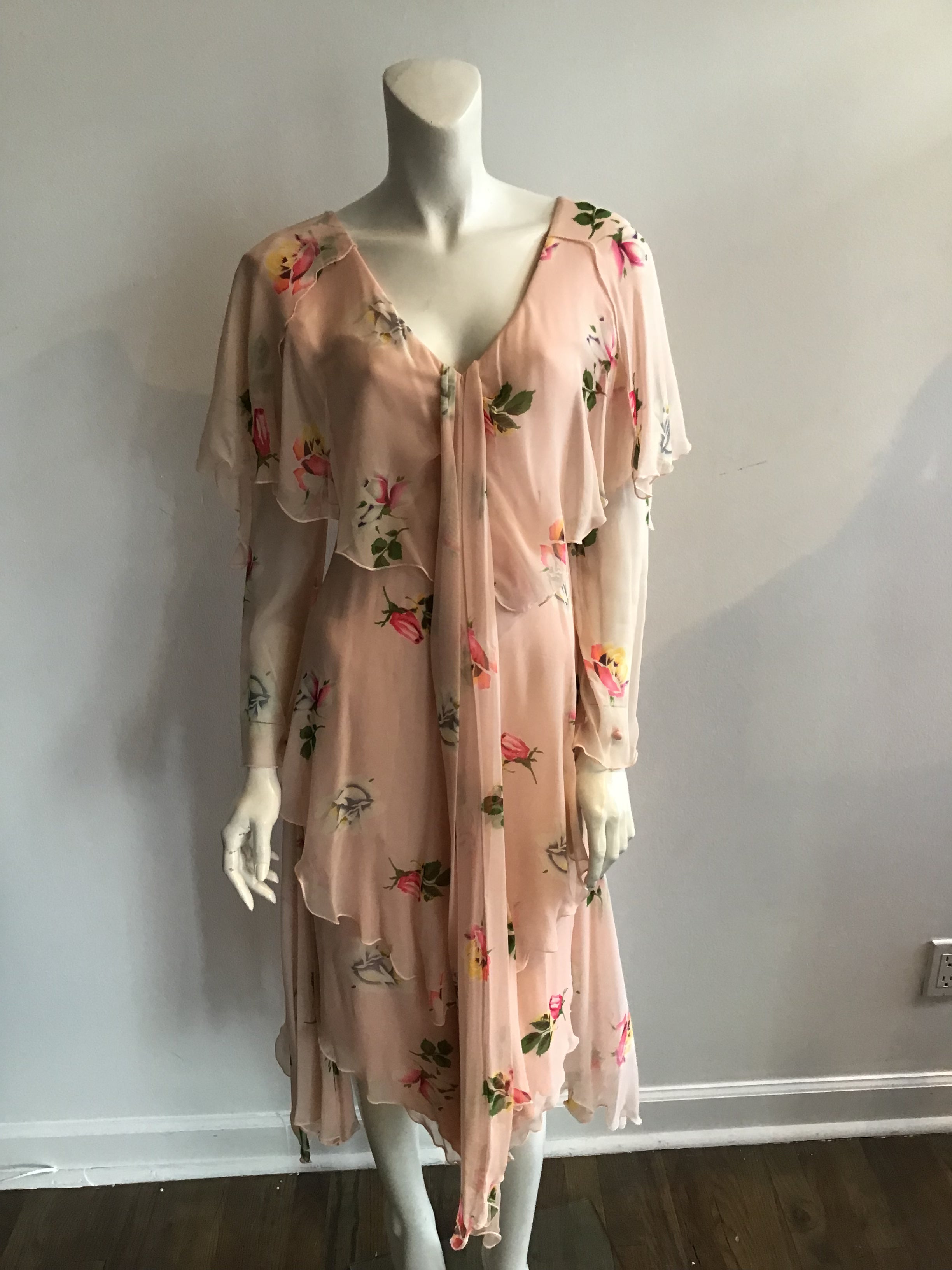 1980's Holly Harp Silk Chiffon Pink Floral Tiered Dress Size 8/9