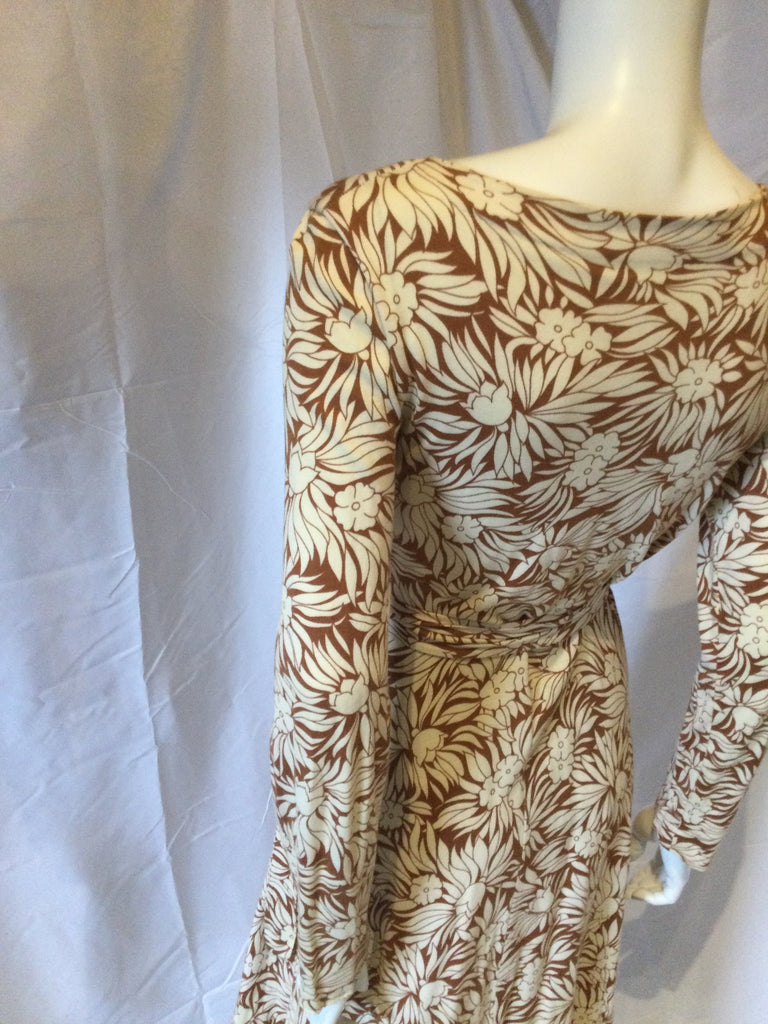 Diane Von Furstenberg 1970's Brown and Cream Cotton and Rayon Wrap Dress size 12